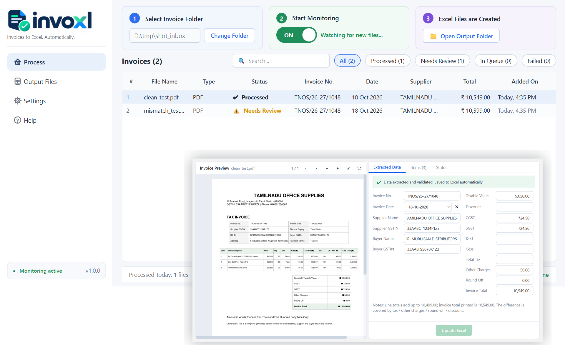 Invoxl main screen: invoice list with status, and the review window with the invoice on the left and extracted data on the right